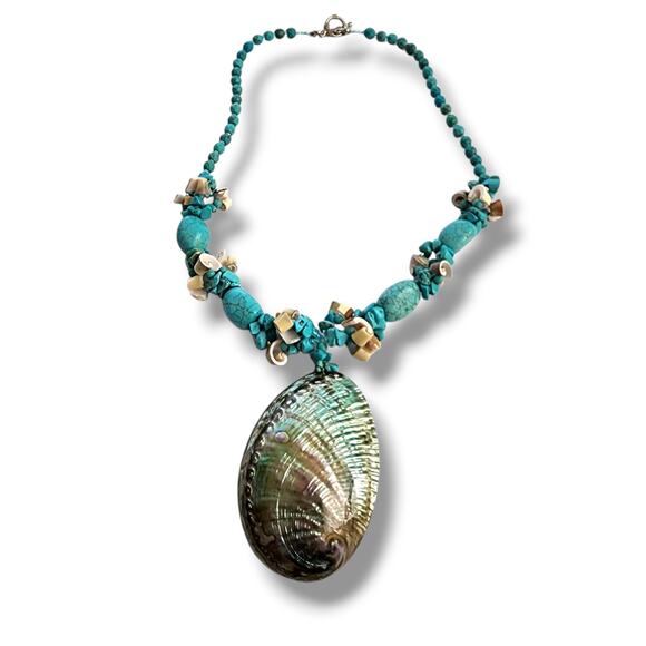 Hand Made Artisan Genuine Turquoise Blue Stone Abalone shell boho beach NECKLACE - Picture 1 of 12